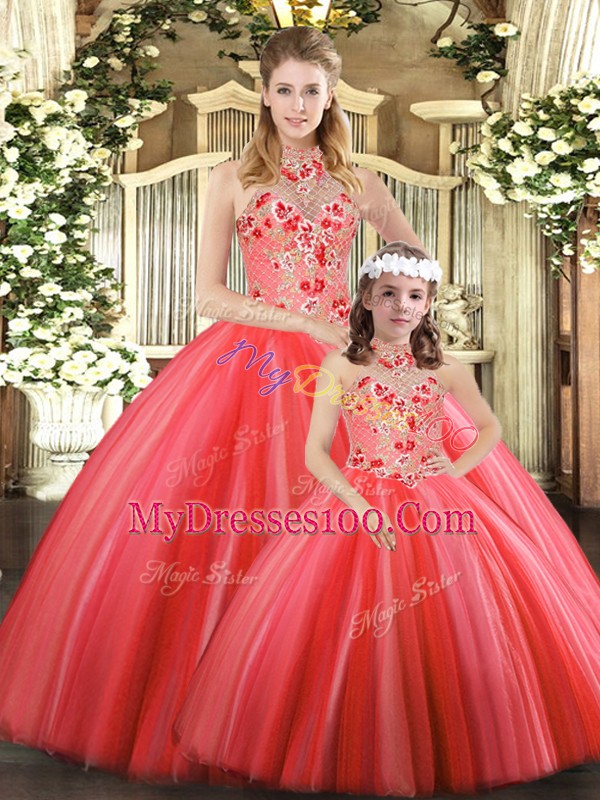 Ideal Sleeveless Floor Length Embroidery Lace Up Quinceanera Dress with Coral Red