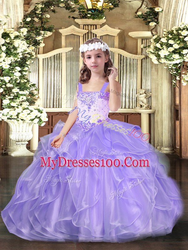 Lavender Lace Up Straps Beading and Ruffles Kids Formal Wear Organza Sleeveless