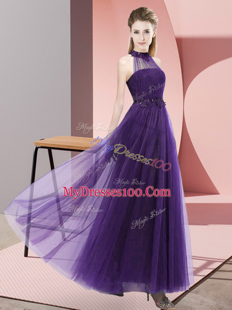 Delicate Purple Lace Up Bridesmaid Dresses Beading and Appliques Sleeveless Floor Length