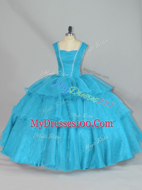 Aqua Blue Organza Lace Up Sweet 16 Dress Sleeveless Floor Length Beading and Ruffled Layers