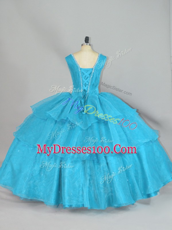 Aqua Blue Organza Lace Up Sweet 16 Dress Sleeveless Floor Length Beading and Ruffled Layers
