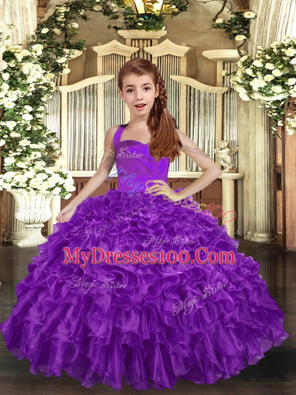 Nice Floor Length Ball Gowns Sleeveless Purple Little Girl Pageant Dress Lace Up