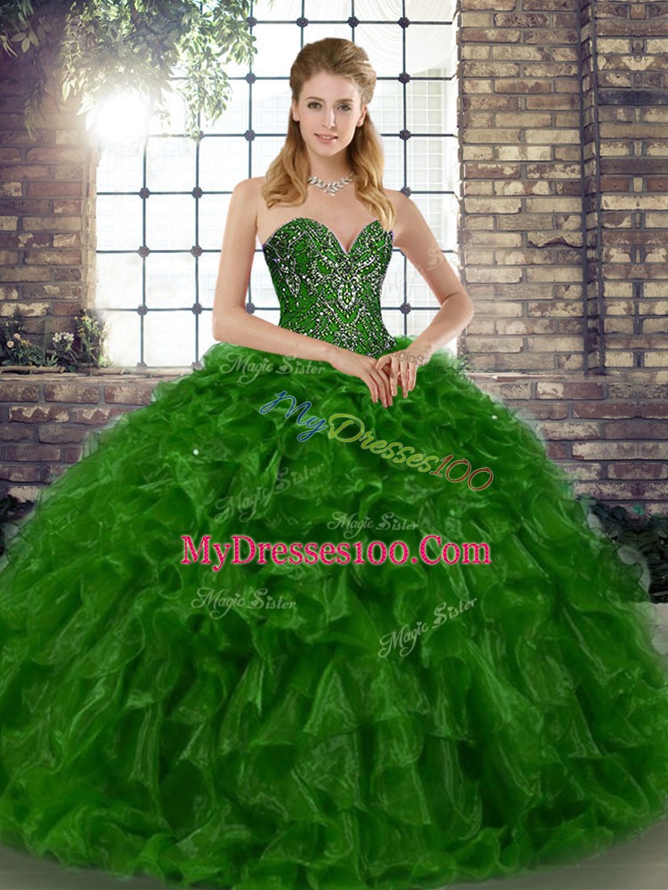 Simple Organza Sweetheart Sleeveless Lace Up Beading and Ruffles Sweet 16 Dresses in Green