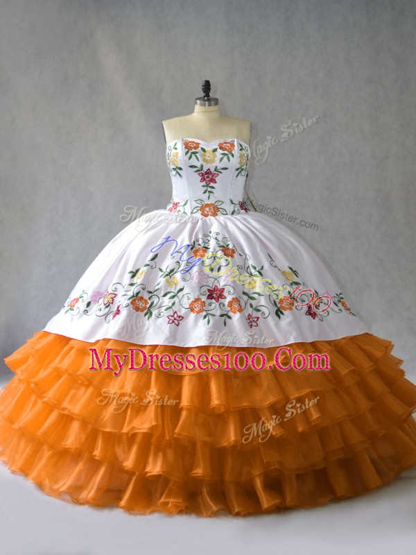 Sweetheart Sleeveless Quince Ball Gowns Floor Length Embroidery and Ruffled Layers Orange Organza