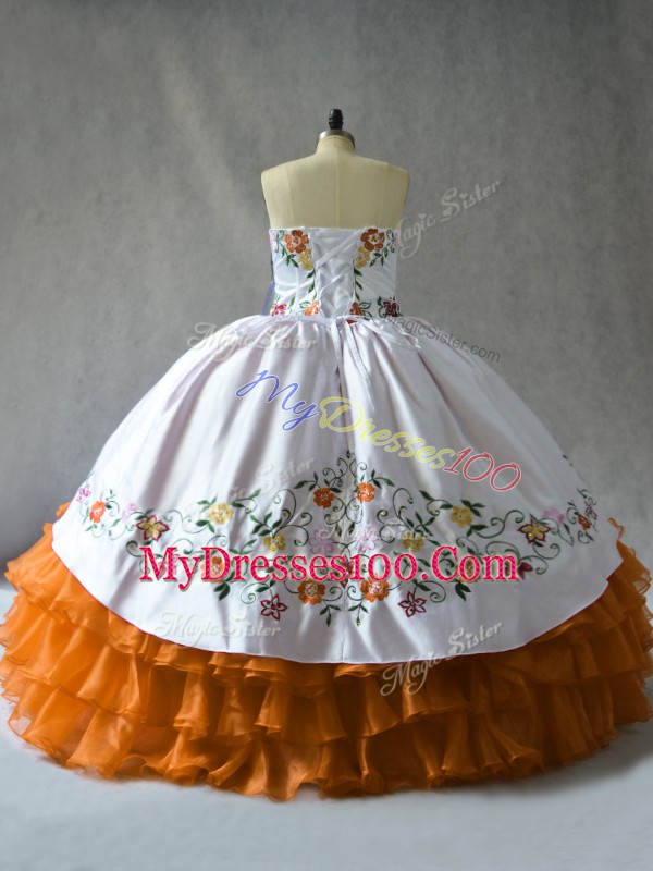 Sweetheart Sleeveless Quince Ball Gowns Floor Length Embroidery and Ruffled Layers Orange Organza