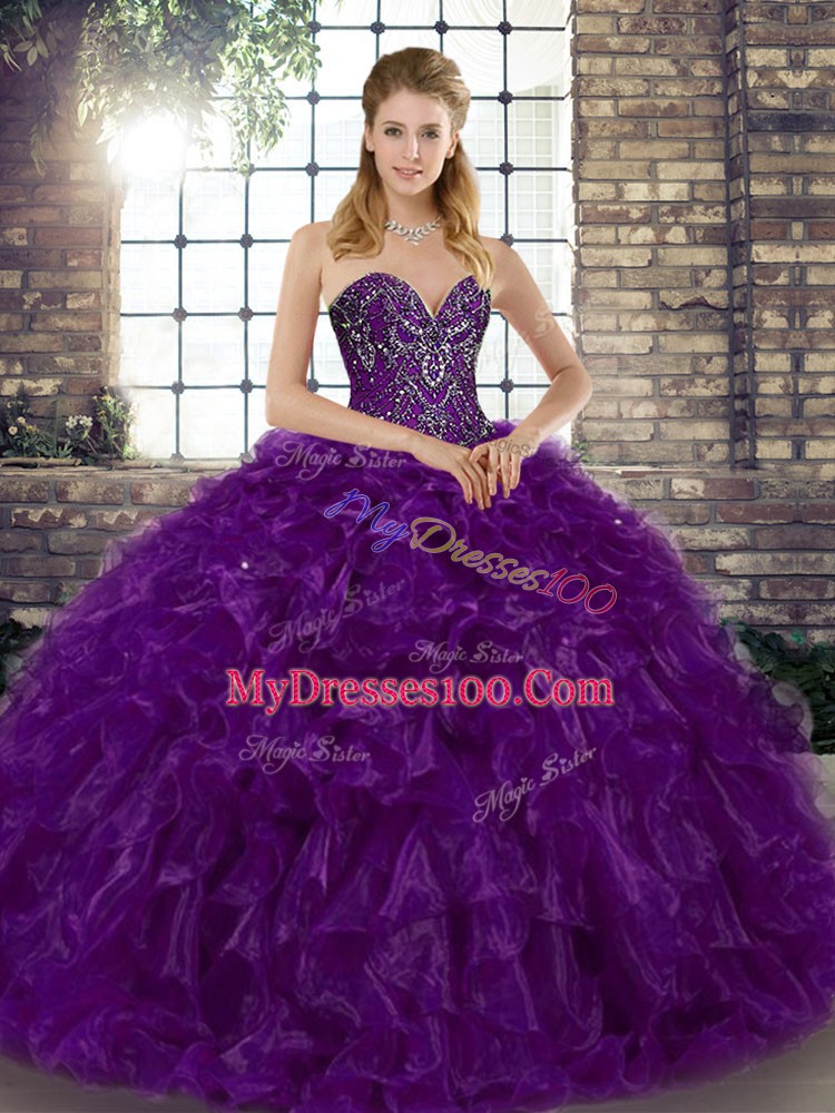 Romantic Floor Length Purple Sweet 16 Dresses Sweetheart Sleeveless Lace Up