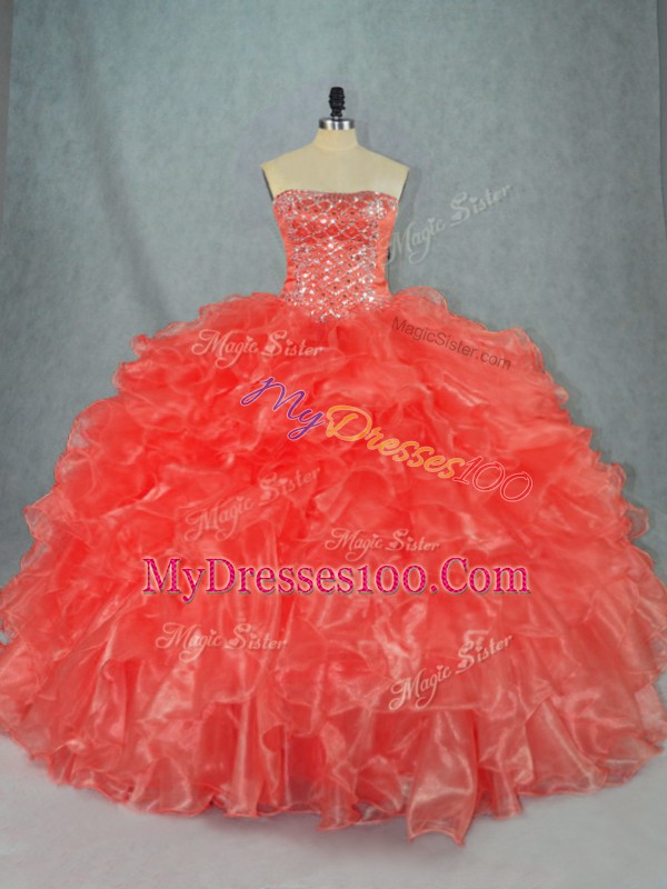 Red Lace Up Quince Ball Gowns Beading and Ruffles Sleeveless Floor Length