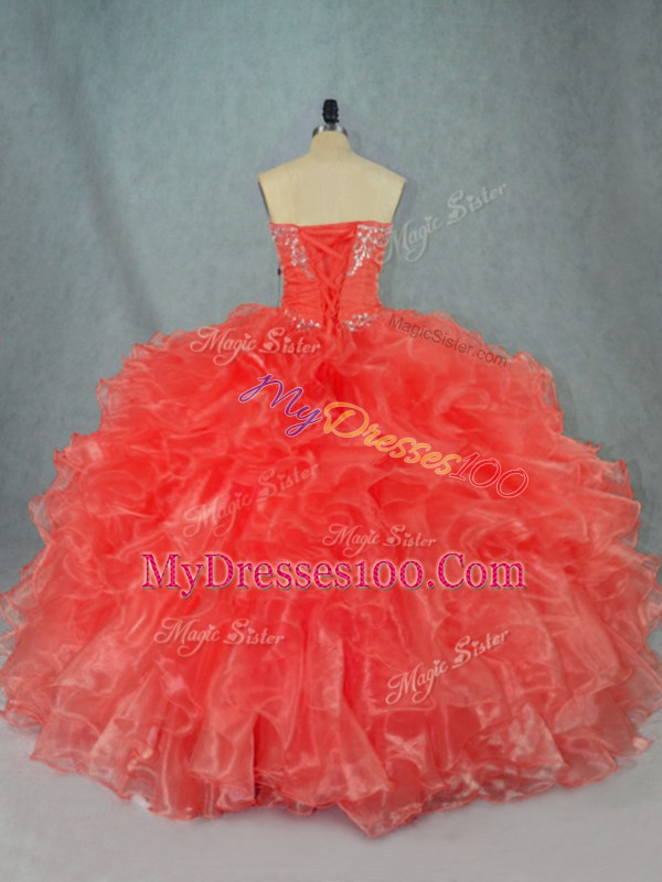 Red Lace Up Quince Ball Gowns Beading and Ruffles Sleeveless Floor Length