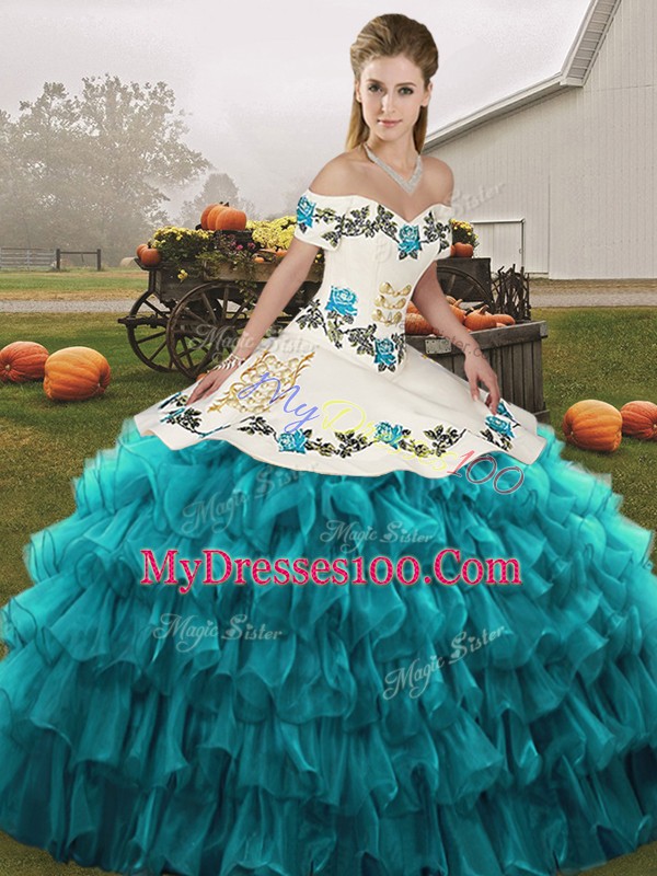 Teal Off The Shoulder Lace Up Embroidery and Ruffled Layers Sweet 16 Quinceanera Dress Sleeveless