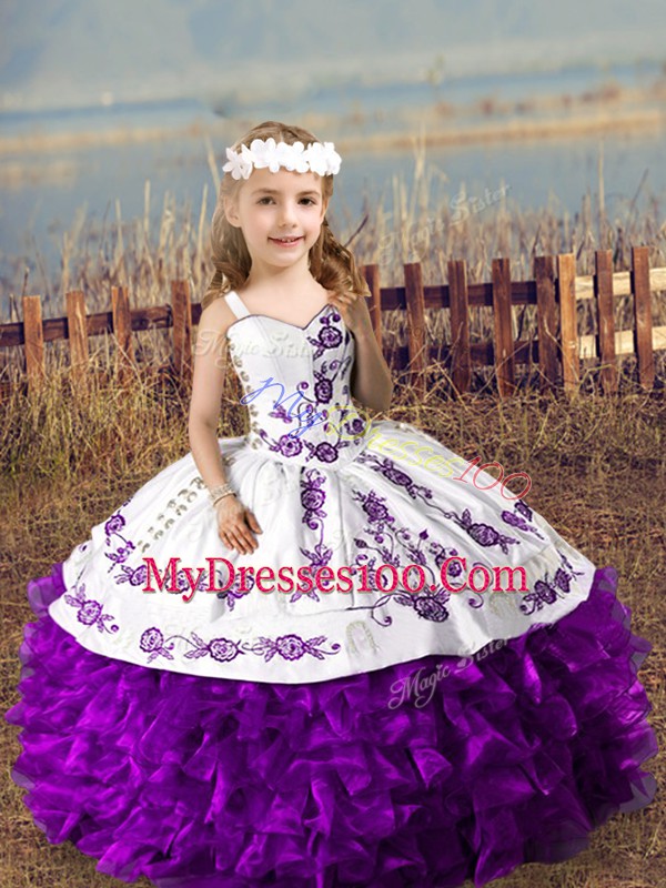 Ball Gowns Little Girls Pageant Gowns Purple Straps Organza Sleeveless Floor Length Lace Up