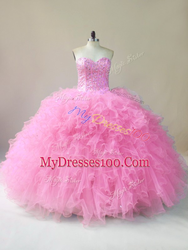 Beading and Ruffles Vestidos de Quinceanera Baby Pink Lace Up Sleeveless Floor Length