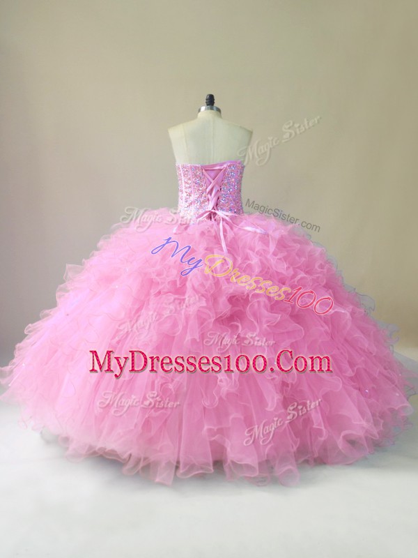 Beading and Ruffles Vestidos de Quinceanera Baby Pink Lace Up Sleeveless Floor Length
