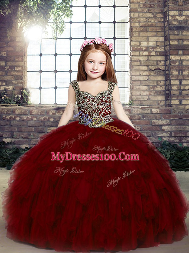 Tulle Sleeveless Floor Length Girls Pageant Dresses and Beading and Ruffles