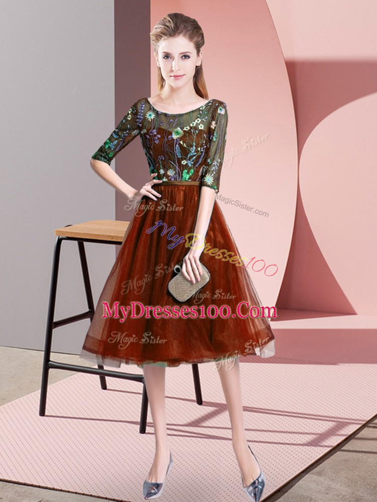 Rust Red Empire Tulle Scoop Half Sleeves Embroidery Knee Length Lace Up Bridesmaids Dress