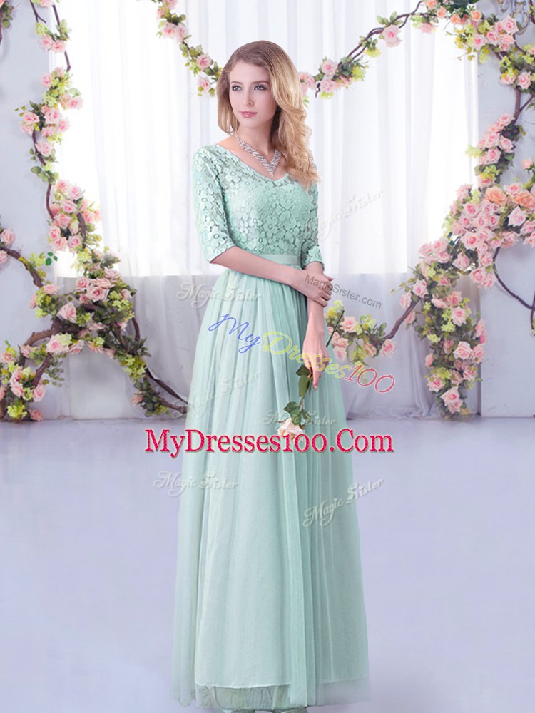 Spectacular Empire Quinceanera Court of Honor Dress Light Blue Off The Shoulder Tulle Half Sleeves Floor Length Side Zipper