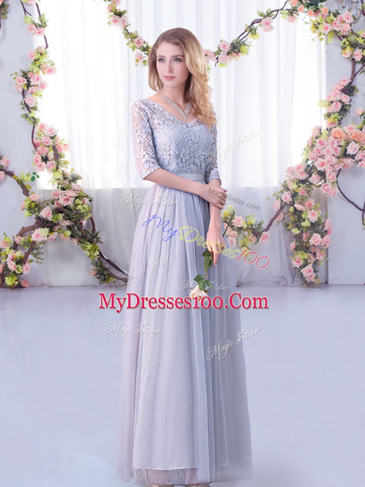 Grey Half Sleeves Tulle Side Zipper Bridesmaid Gown for Wedding Party