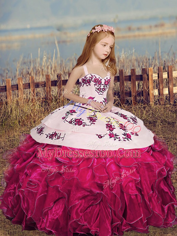 Graceful Floor Length Hot Pink Evening Gowns Organza Sleeveless Embroidery and Ruffles