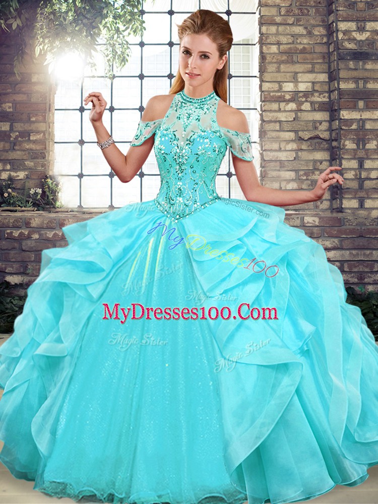 Halter Top Sleeveless Organza Quince Ball Gowns Beading and Ruffles Lace Up