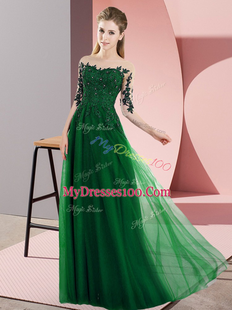 Floor Length Dark Green Wedding Guest Dresses Bateau Half Sleeves Lace Up