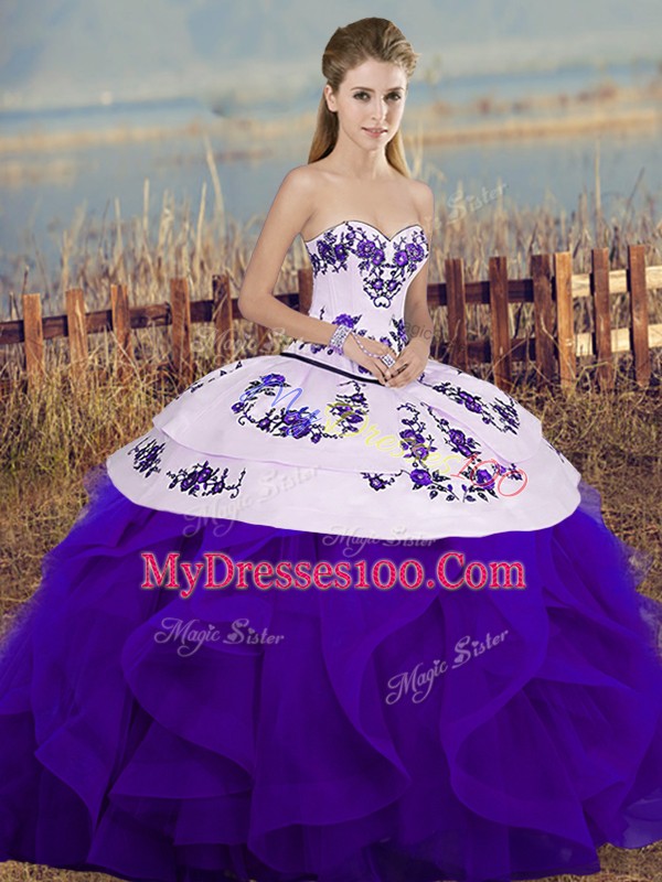 Sweetheart Sleeveless Quinceanera Dresses Floor Length Embroidery and Ruffles and Bowknot White And Purple Tulle