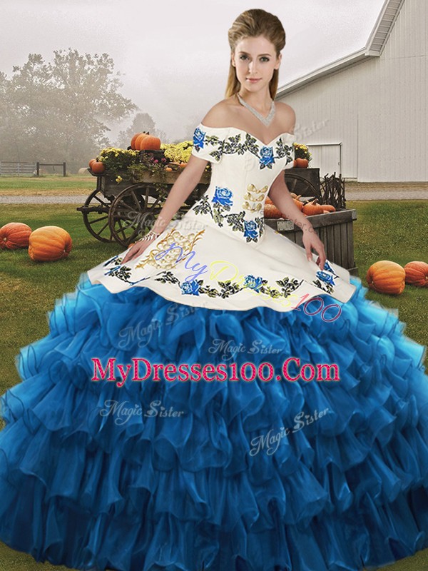 Blue And White Quinceanera Dresses Military Ball and Sweet 16 and Quinceanera with Embroidery and Ruffled Layers Off The Shoulder Sleeveless Lace Up