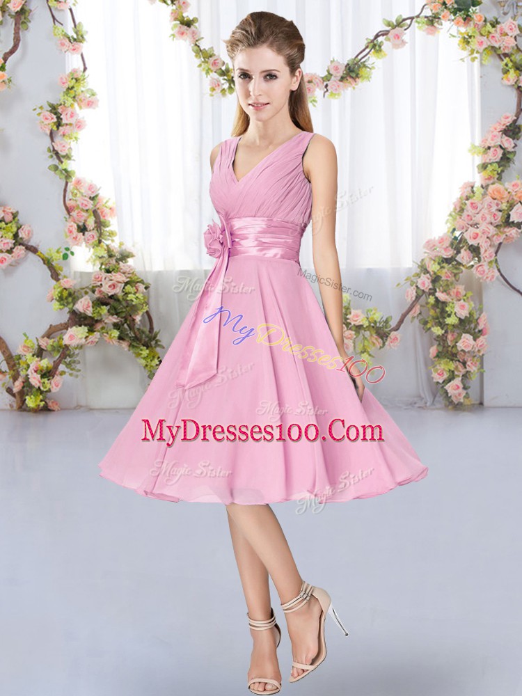 Rose Pink Empire Chiffon V-neck Sleeveless Hand Made Flower Knee Length Lace Up Damas Dress