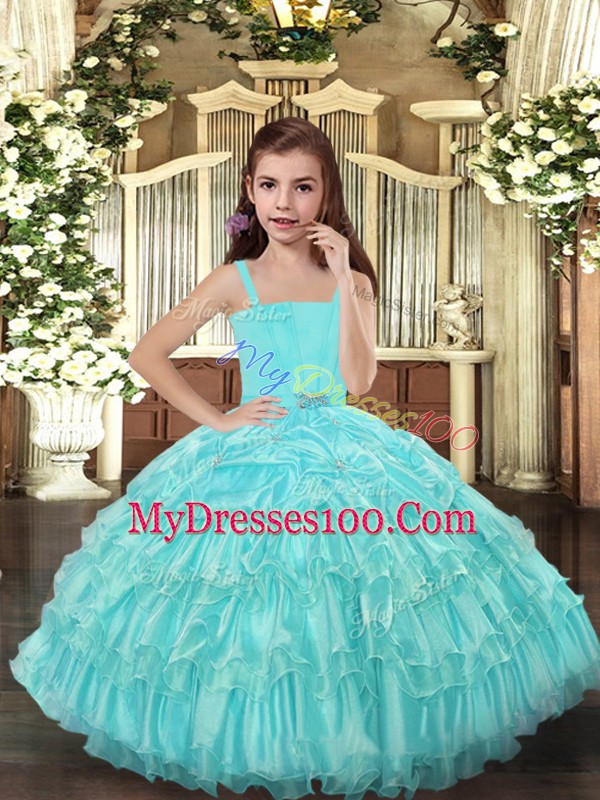 Discount Aqua Blue Organza Lace Up Straps Sleeveless Floor Length Kids Pageant Dress Ruffled Layers