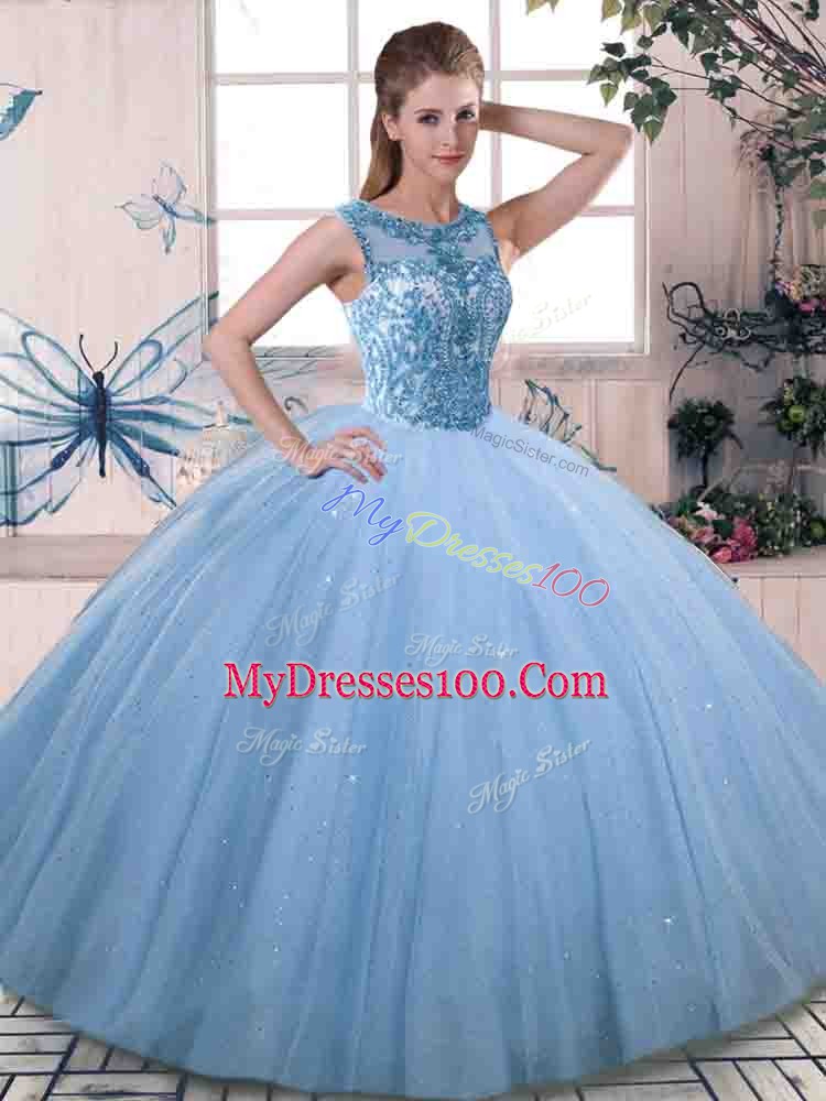 Customized Tulle Sleeveless Floor Length Quinceanera Dresses and Beading