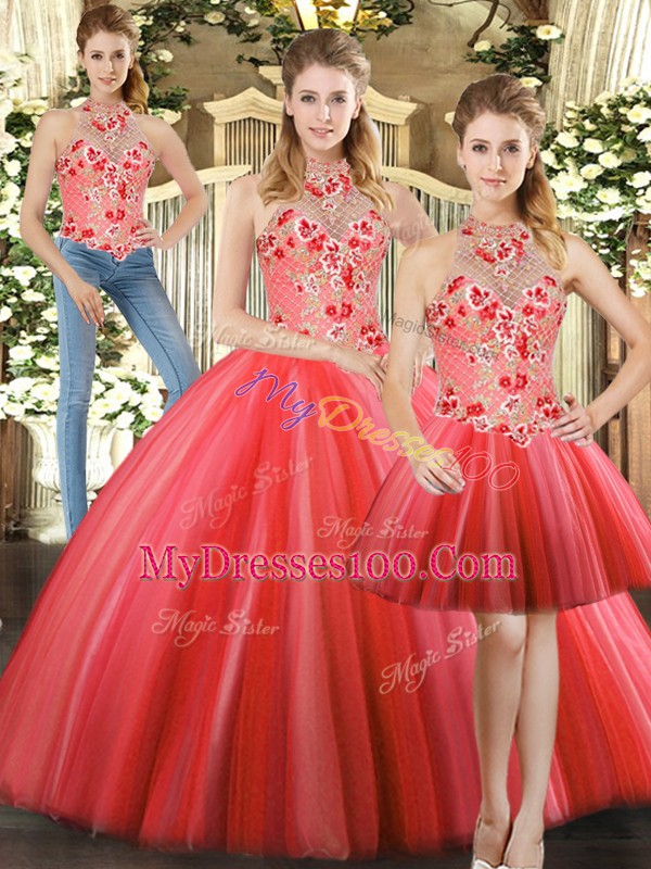 Fancy Red Tulle Lace Up Quinceanera Gown Sleeveless Floor Length Embroidery