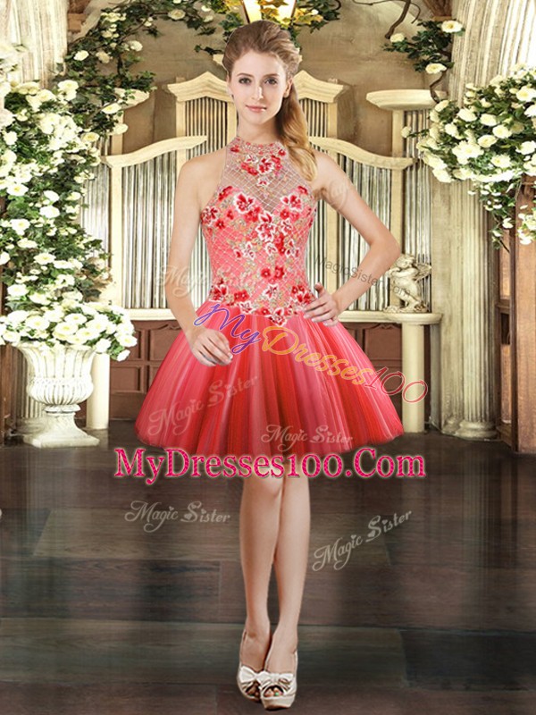 Fancy Red Tulle Lace Up Quinceanera Gown Sleeveless Floor Length Embroidery