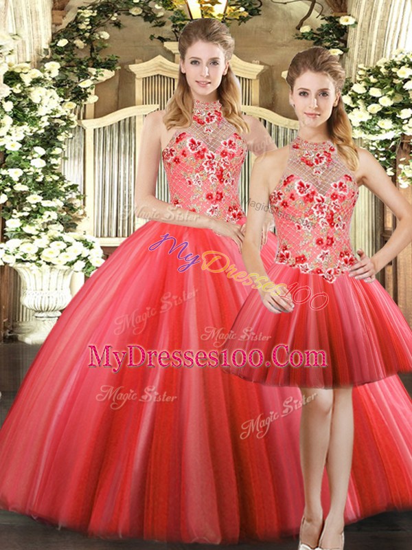 Fancy Red Tulle Lace Up Quinceanera Gown Sleeveless Floor Length Embroidery