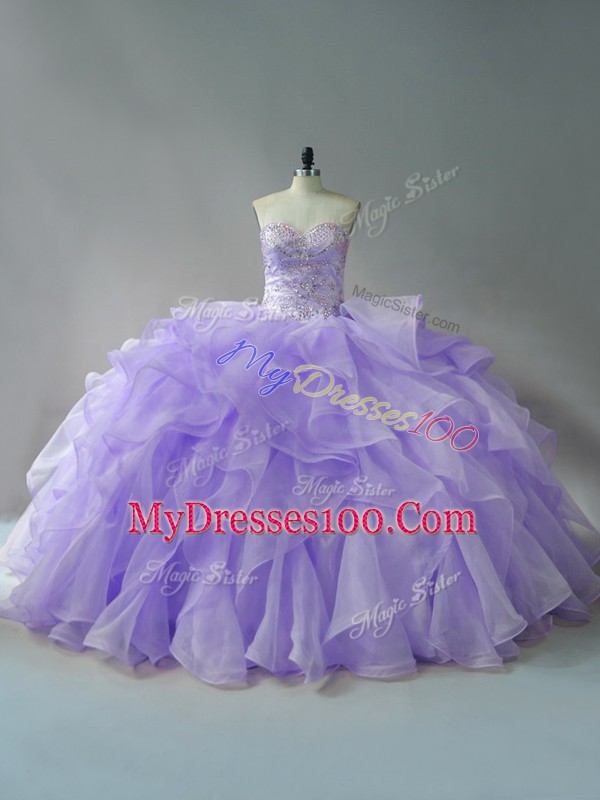 On Sale Lavender Lace Up Sweet 16 Dresses Beading and Ruffles Sleeveless Brush Train