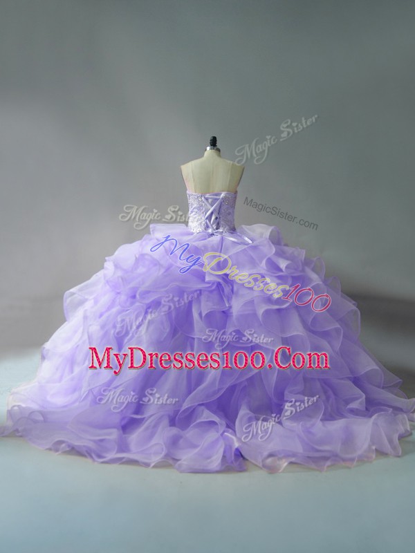 On Sale Lavender Lace Up Sweet 16 Dresses Beading and Ruffles Sleeveless Brush Train
