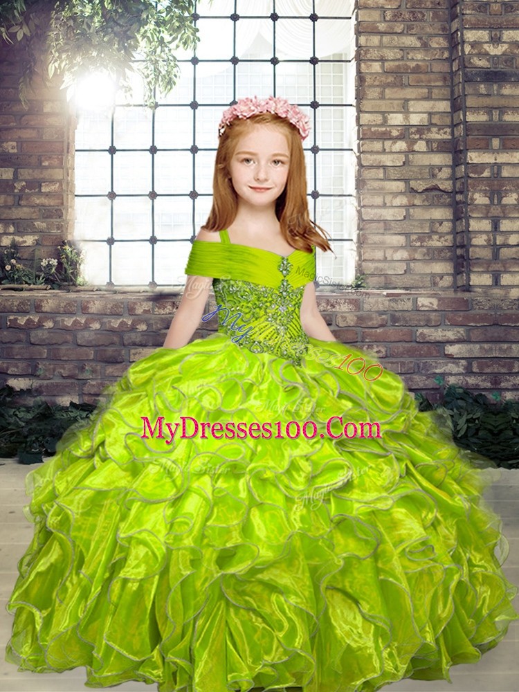 Pretty Olive Green Organza Lace Up Straps Sleeveless Floor Length Kids Pageant Dress Beading