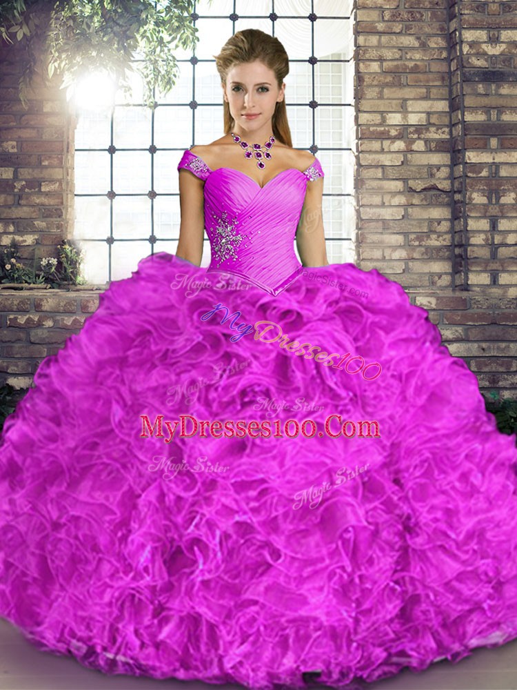 Sleeveless Floor Length Beading and Ruffles Lace Up Quinceanera Gown with Lilac