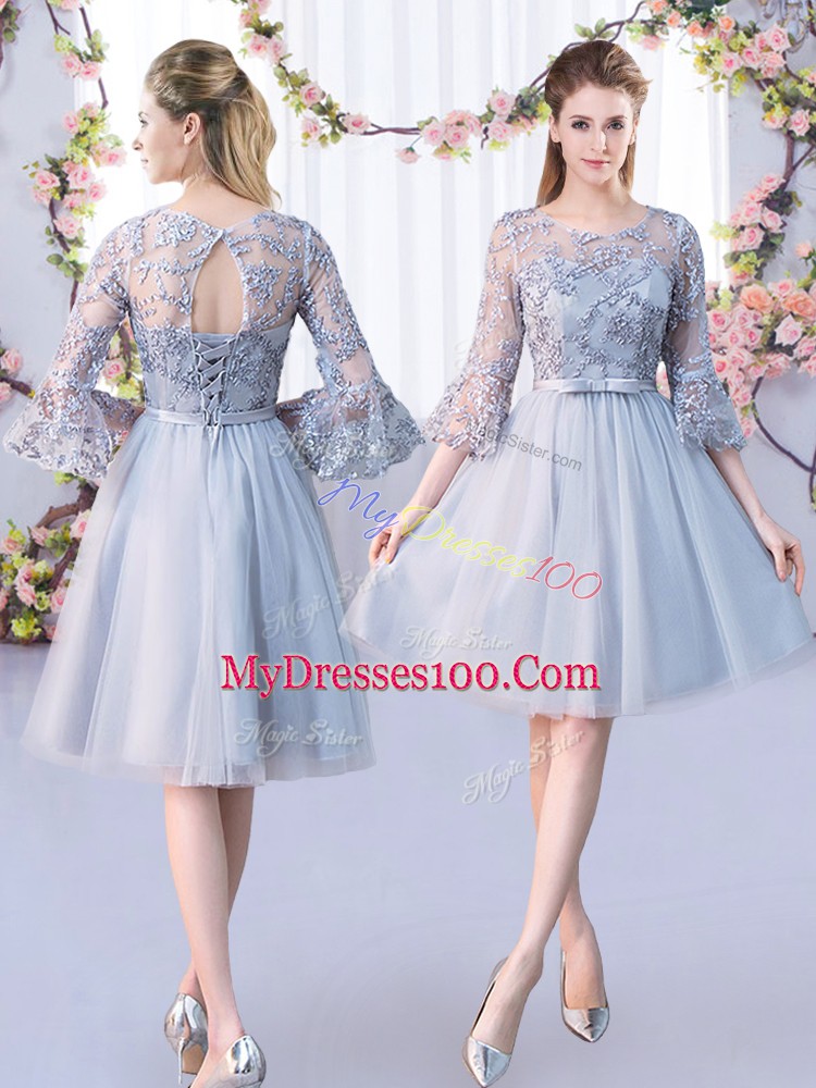 Grey Scoop Lace Up Lace and Belt Bridesmaid Dresses 3 4 Length Sleeve