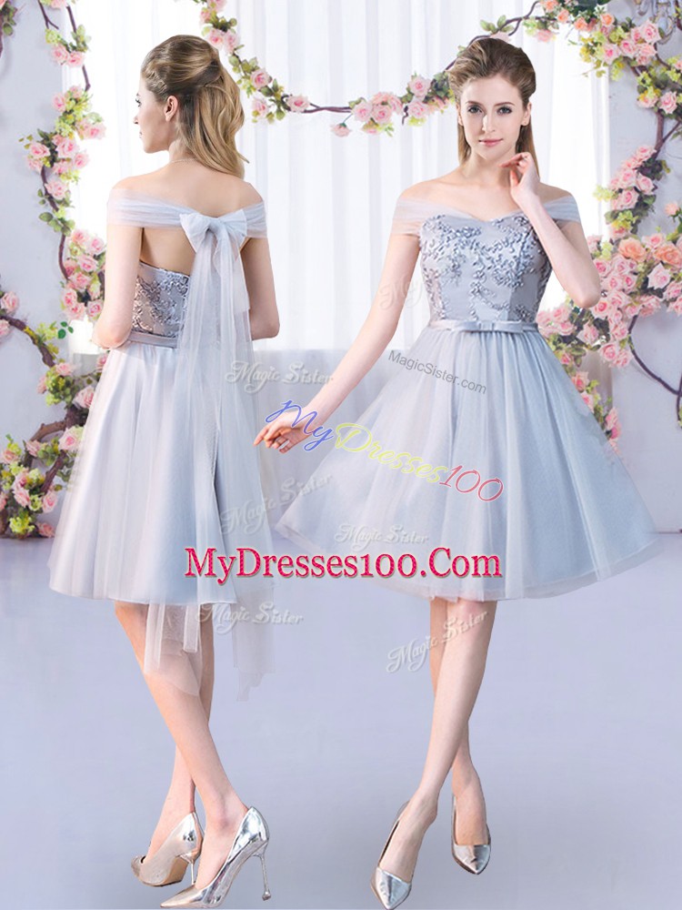 Grey Scoop Lace Up Lace and Belt Bridesmaid Dresses 3 4 Length Sleeve