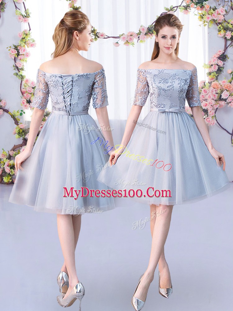 Grey Scoop Lace Up Lace and Belt Bridesmaid Dresses 3 4 Length Sleeve