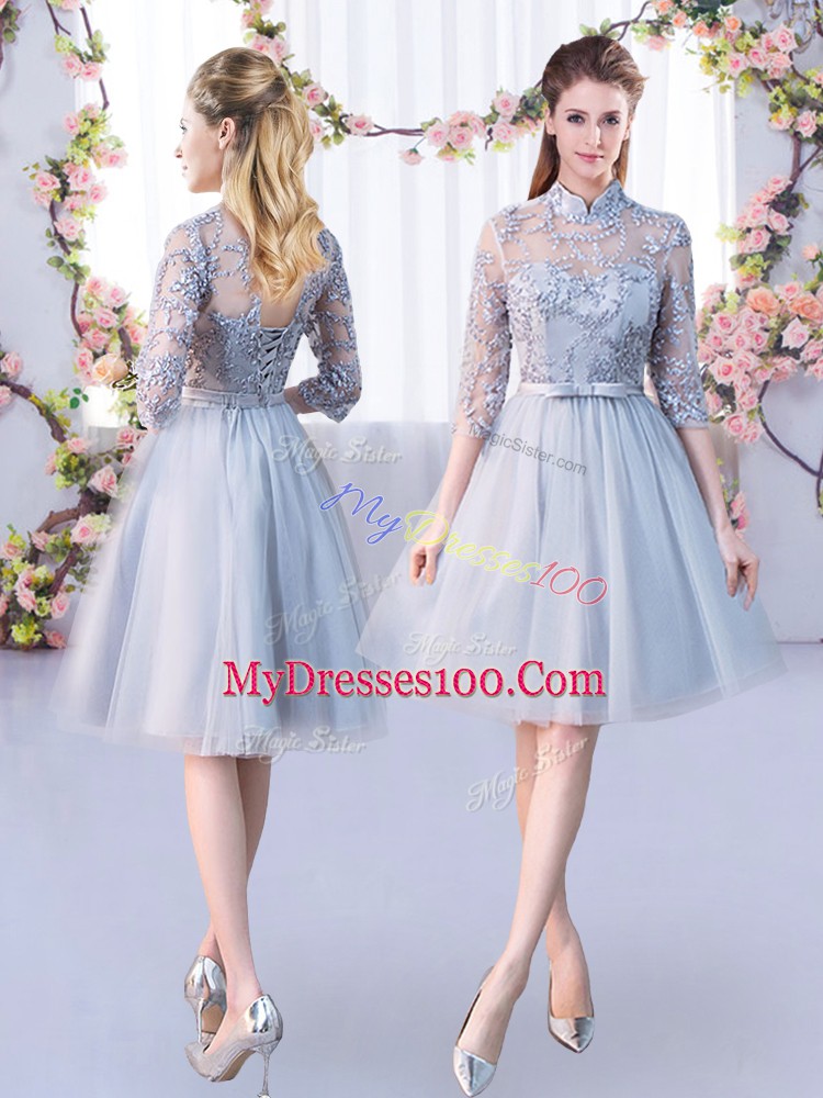 Grey Scoop Lace Up Lace and Belt Bridesmaid Dresses 3 4 Length Sleeve