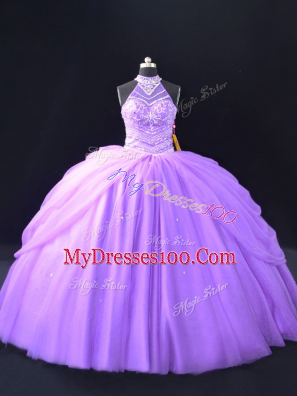 Floor Length Lavender Quinceanera Dress Halter Top Sleeveless