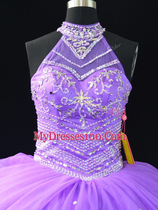 Floor Length Lavender Quinceanera Dress Halter Top Sleeveless