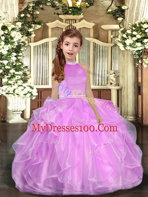 Lilac Organza Backless Kids Formal Wear Sleeveless Floor Length Beading and Ruffles