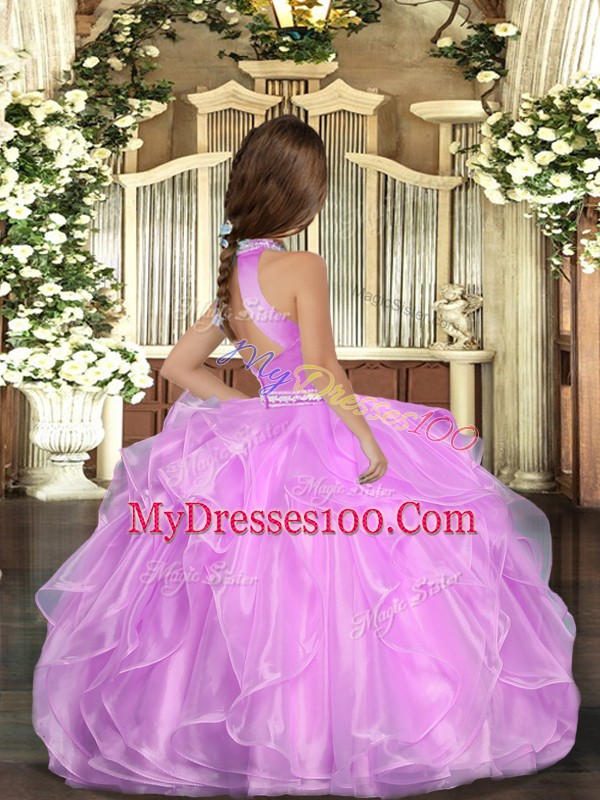 Lilac Organza Backless Kids Formal Wear Sleeveless Floor Length Beading and Ruffles