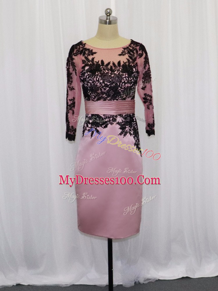 Mini Length Pink Satin Long Sleeves Lace and Appliques