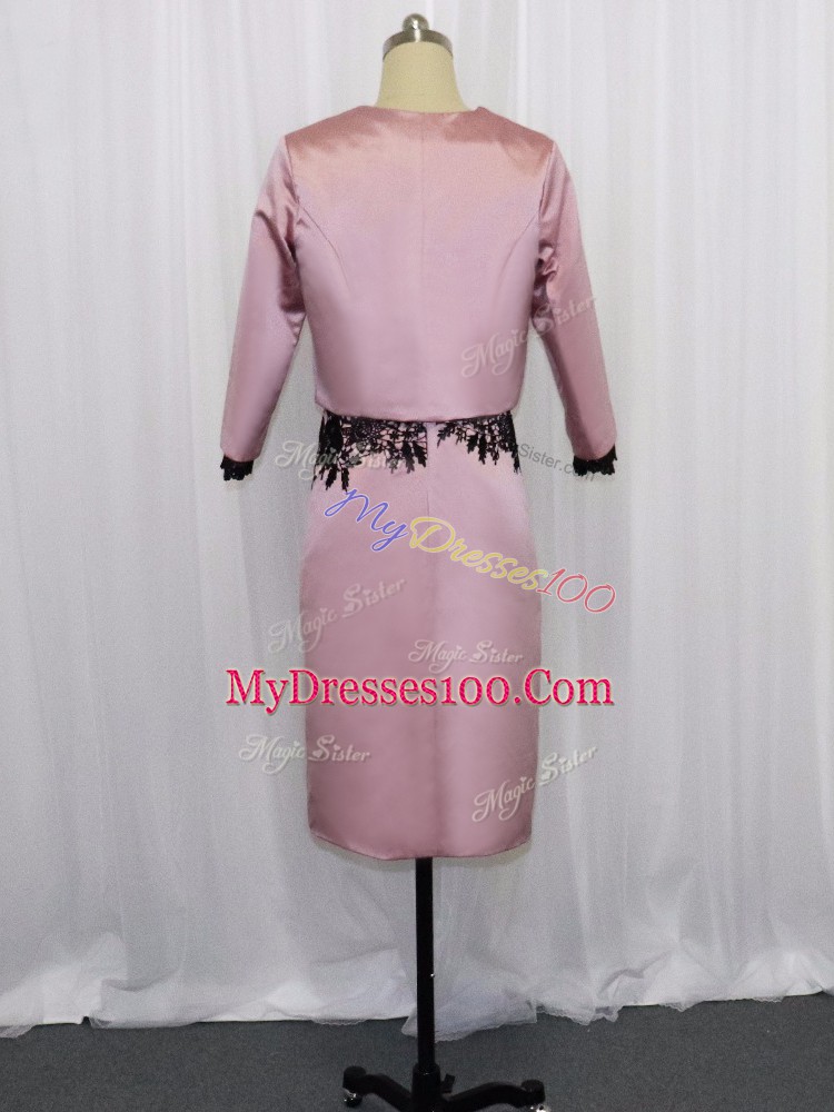 Mini Length Pink Satin Long Sleeves Lace and Appliques