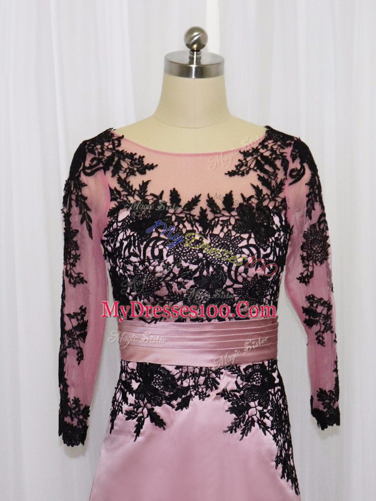 Mini Length Pink Satin Long Sleeves Lace and Appliques