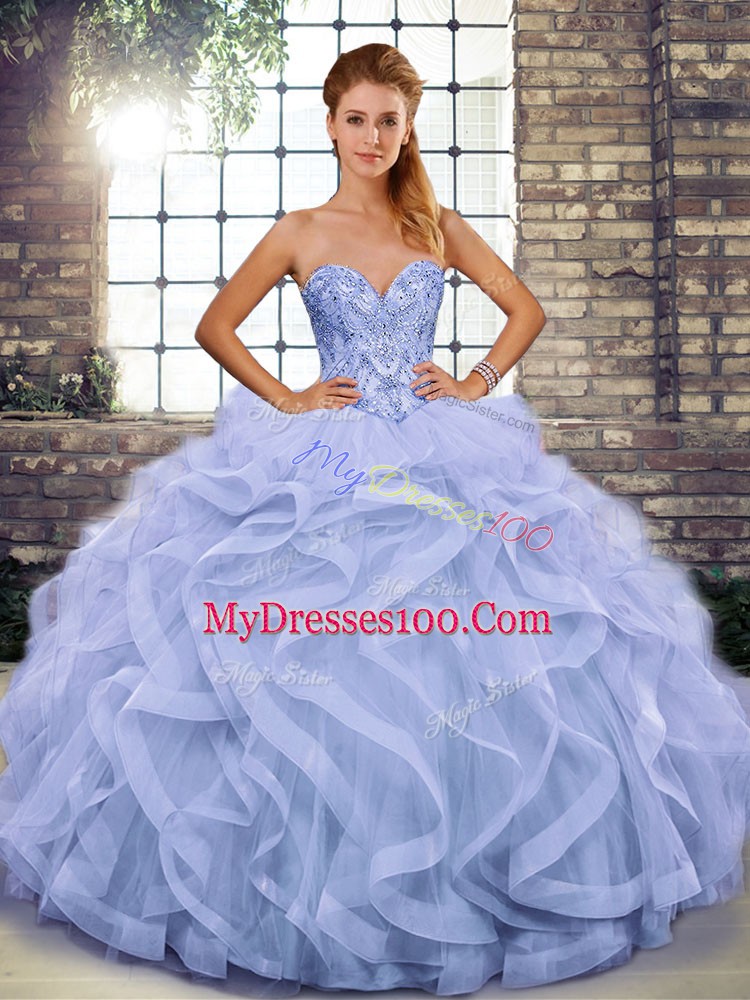 Hot Selling Floor Length Lace Up Vestidos de Quinceanera Lavender for Military Ball and Sweet 16 and Quinceanera with Beading and Ruffles