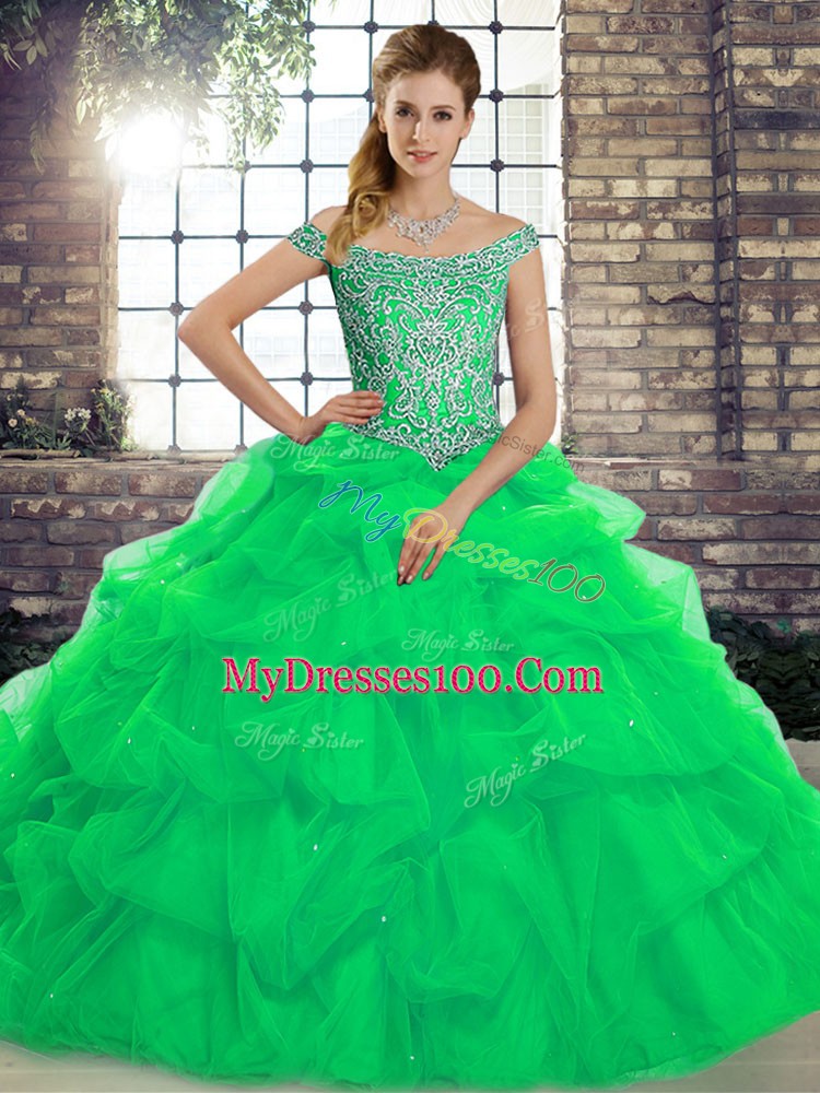 Comfortable Tulle Off The Shoulder Sleeveless Brush Train Lace Up Beading and Pick Ups Quinceanera Gown in Green