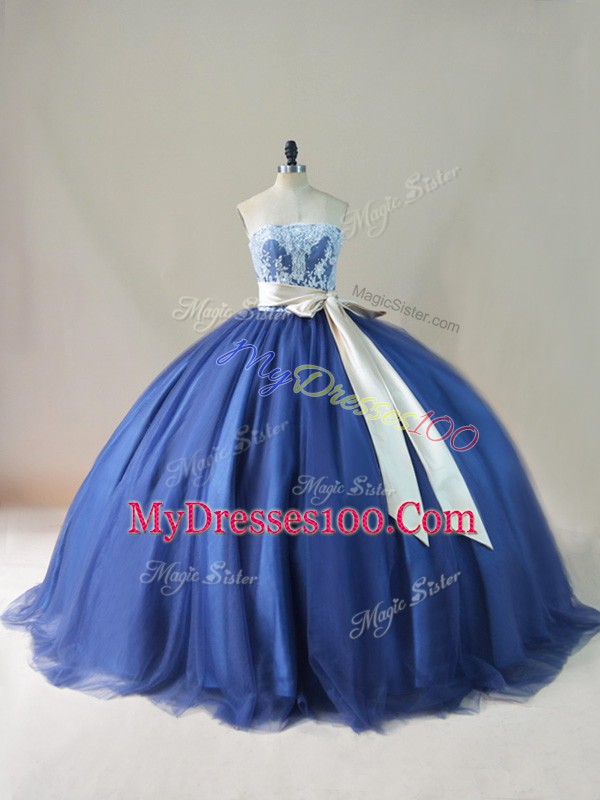 Inexpensive Sleeveless Tulle Brush Train Lace Up Sweet 16 Dress in Navy Blue with Appliques and Sashes ribbons and Bowknot