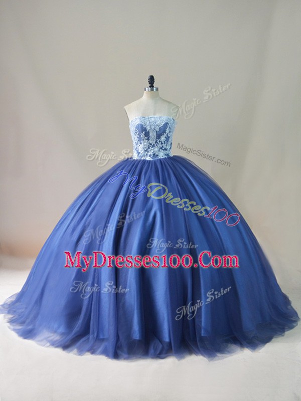 Inexpensive Sleeveless Tulle Brush Train Lace Up Sweet 16 Dress in Navy Blue with Appliques and Sashes ribbons and Bowknot